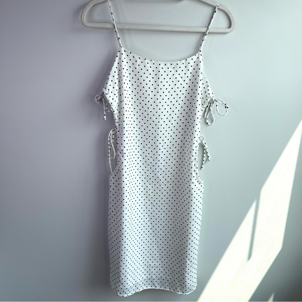 Endless Blu White Polka Dot Mini Dress With Tie -Side Cut outs Size M